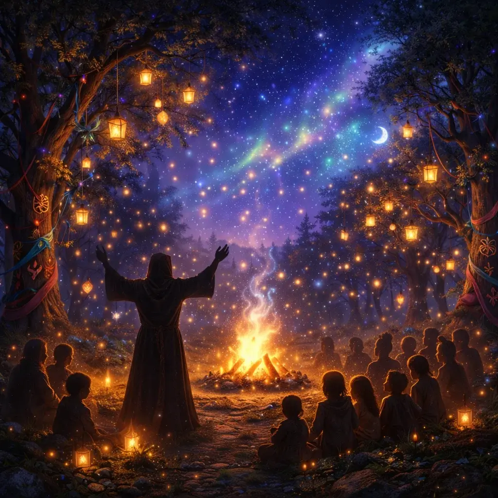 Scène festive de la Nuit des Légendes avec lumières et magie